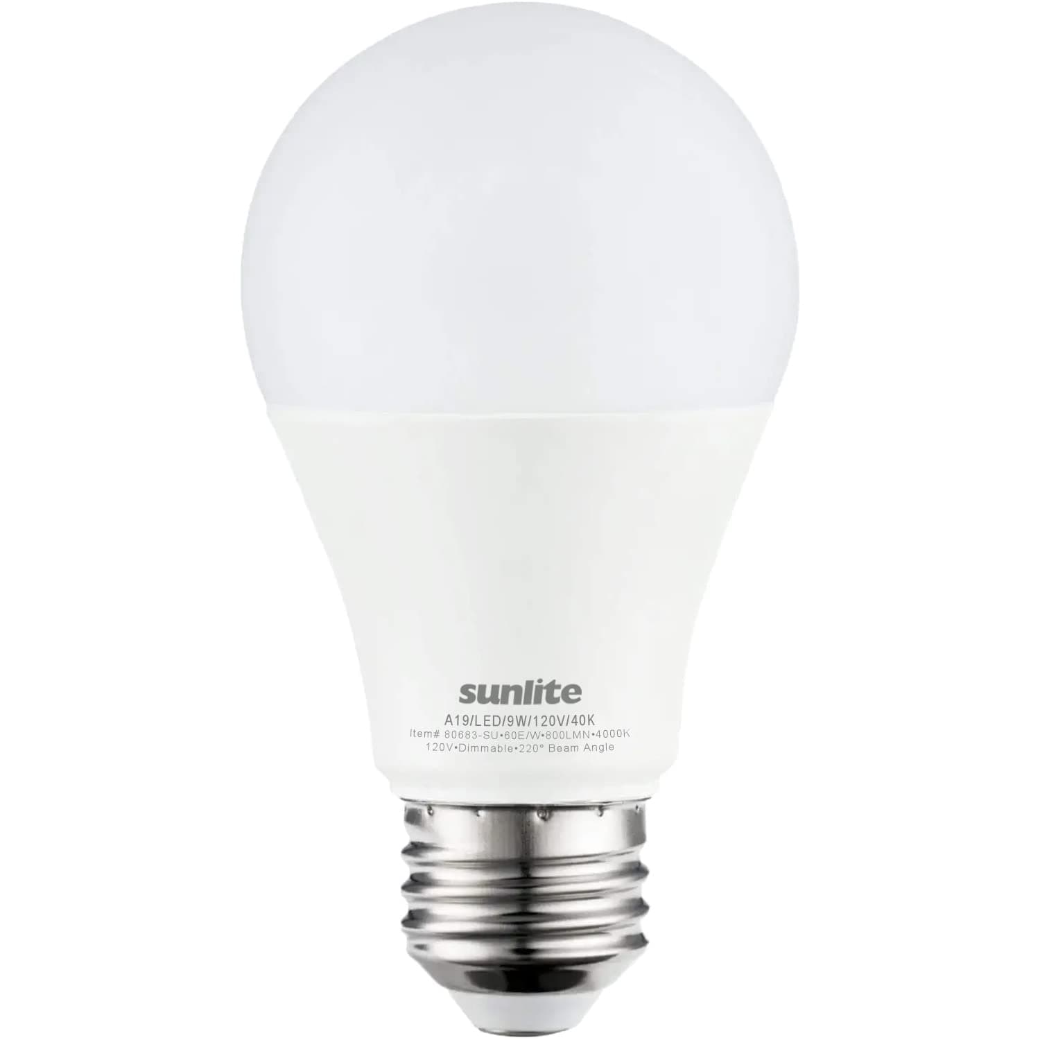 Sunlite 80683-SU LED A19 Standard Light Bulb 9 Watts (60W Equivalent), 800 Lumens, Medium Base (E26), Dimmable, UL Listed, Energy Star, 40K-Cool White, 1 Pack