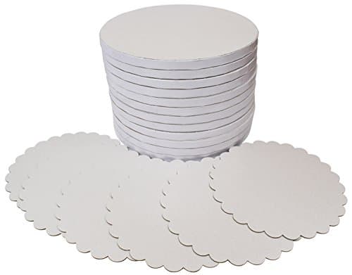 12 Inch White Round Cake Drums, 12 Pack, 1/2 Inch Thick, Smooth Edge, Sturdy and Greaseproof Boards Made of Corrugated Paper, Covered With Beautiful Flower Pattern, Bonus - 6 Scalloped-Edge Plates