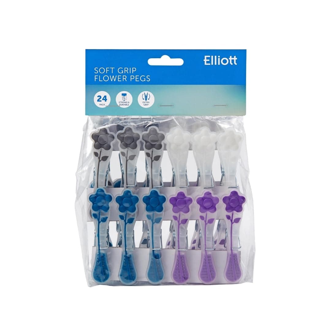 Elliott Extra Strong, Soft Grip, Mini Flower Pegs, 24 Pack, Assorted Colours, BPA Free Laundry Pegs, Everyday Essential Item