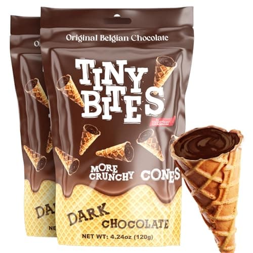 BeeMax Tiny Bites Waffle Mini Cones with Original Belgian Dark Chocolate - 4.24oz Bag (Pack of 2) - Blend of Crispy Waffle Cones & Belgian Chocolate - Bite-Size Snack for Dessert or Ice Cream Toppings
