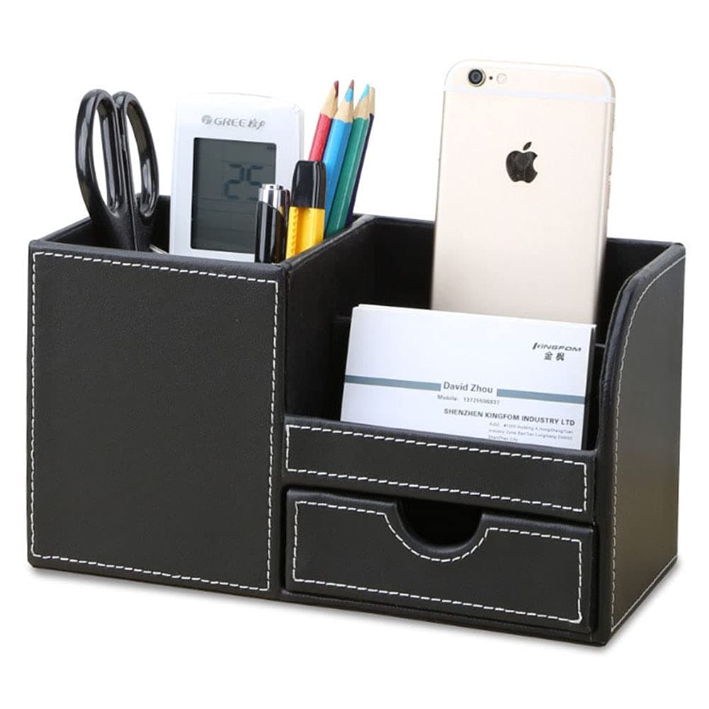 KINGFOM Wooden Struction Leather Multi-Function Desk Stationery Organizer Storage Box Pen/Pencil,Cell Phone, Business Name Cards Remote Control Holder with Small Drawer Black
