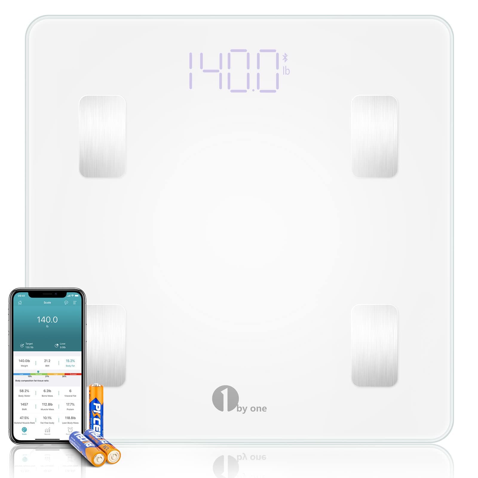 1byone Bluetooth Smart Body Fat Scale with iOS and Android App, Including Weight, BMI, Body Fat, Muscle Mass, Water Weight, and Bone Mass, etc. - White