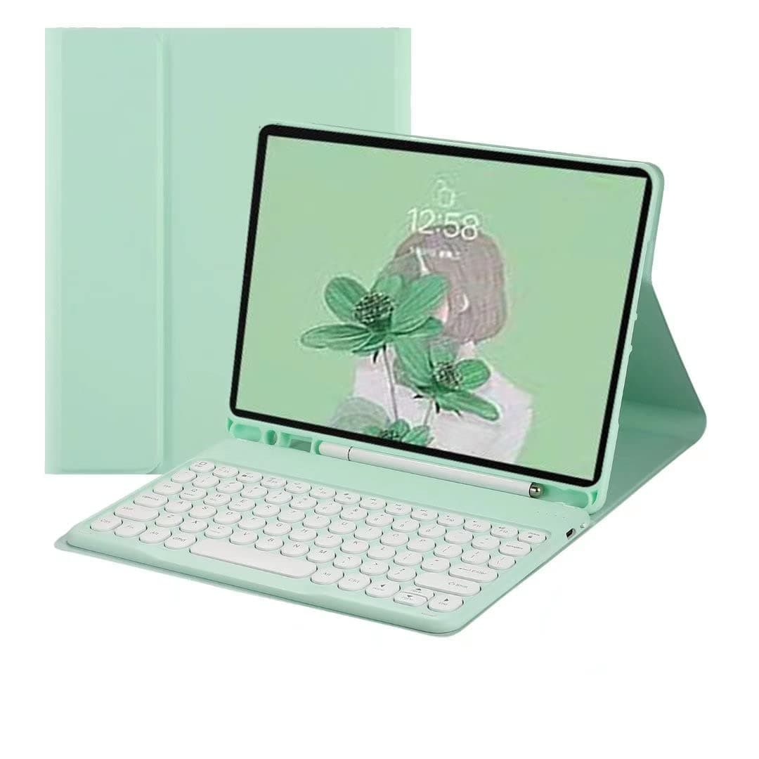Keyboard Case for Galaxy Tab S10 Lite/ S10 FE/S9 FE/S9/S8/S7, Slim Folio Cover with S Pen Holder, Round Keys Magnetically Detachable Keyboard (Mint Green)