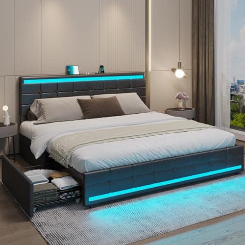 King Size Bed Frame with Storage Drawers and LED Lights, Platform King Bed with Pu Leather Upholstered & Charging Station Headboard, Solid Wooden Slats Support, No Box Spring Needed, Black