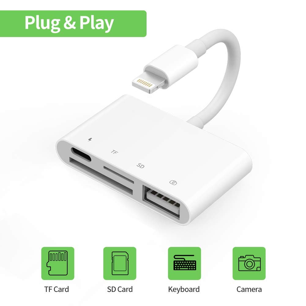 Card Reader, 4 in 1 USB Camera Connection Kit Memory Card SD/TF Card Reader Adapter with SD/TF Card Port for Phone iPad, USB 2.0 OTG Interface and Charging Port for Phone X/8/7