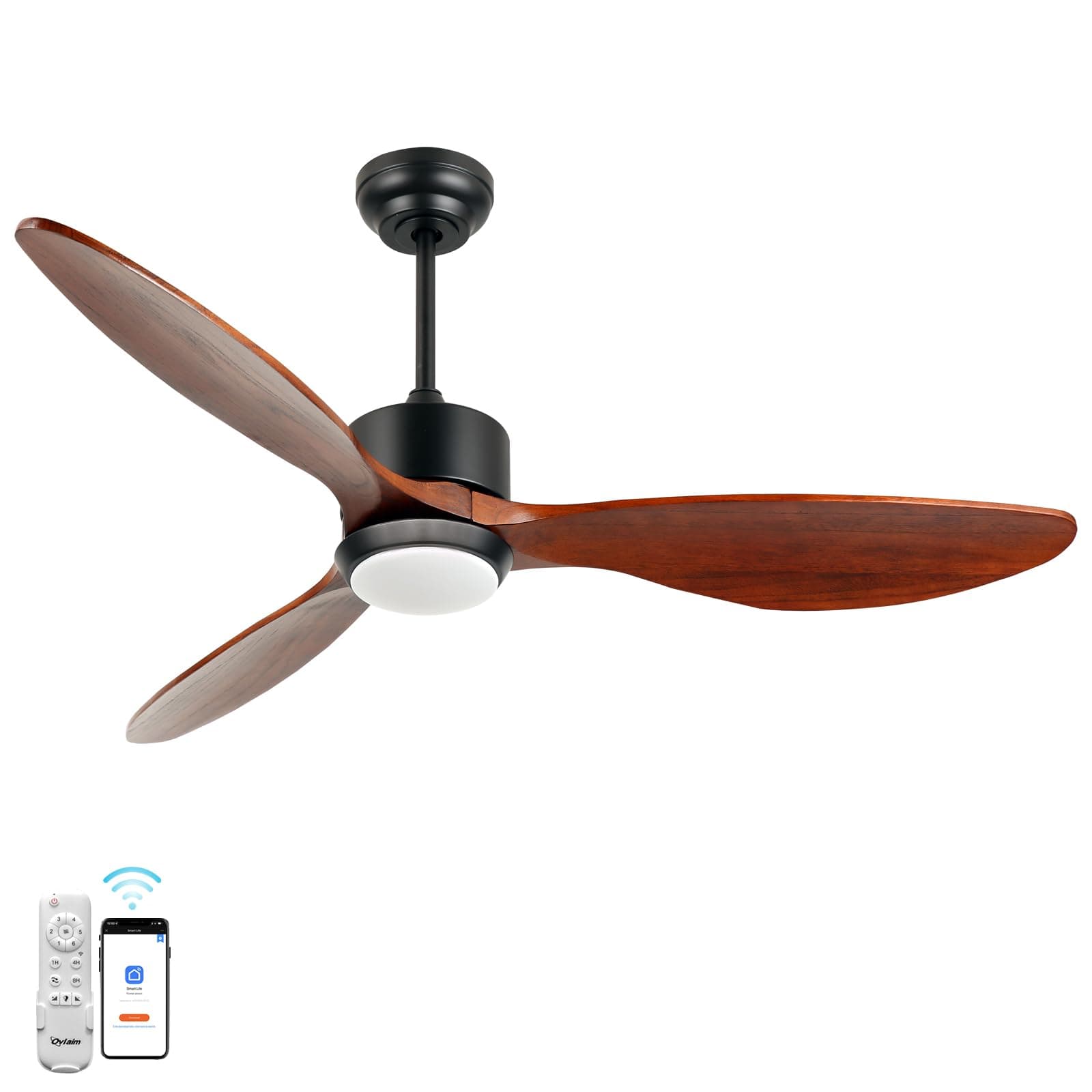 Ovlaim 52 Inch Solid Walnut Wood Ceiling Fans with Lights Remote Control, 3 Blade Propeller Smart Ceiling Fan for Bedroom Living Room
