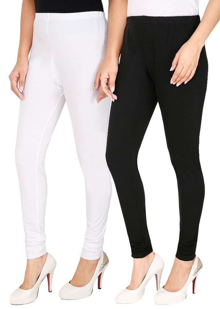 Red Ballons Ultra Soft Cotton Churidar Solid Regular Leggings for Womens and Girls Combo Pack of 2(Black & White) -Free Size