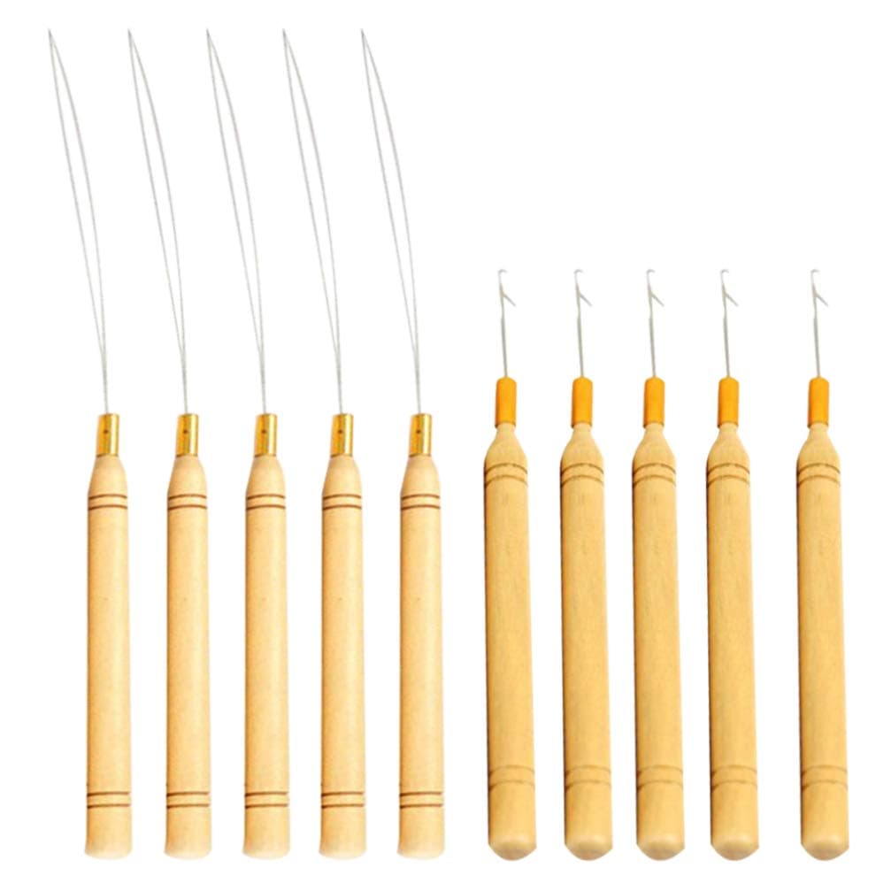 Beaupretty 10PCS Hair Extension Hook Pulling Needle Dreadlocks Crochet Hooks Wig Loop Needle with Wood Handle for Hair Extension Micro Braids Doll Hair Style