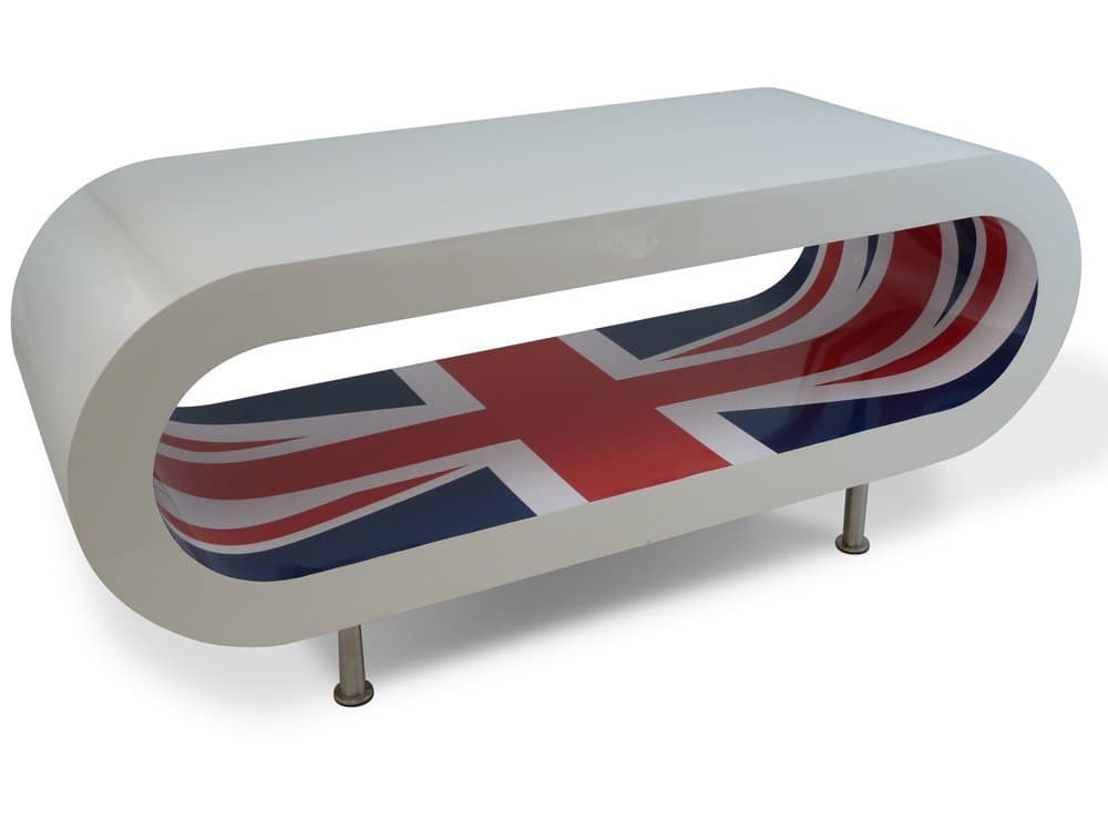 Design Retro High Gloss White with Union Jack Inner Hoop Coffee Table/Tv Stand UK Made 90Cm Feet