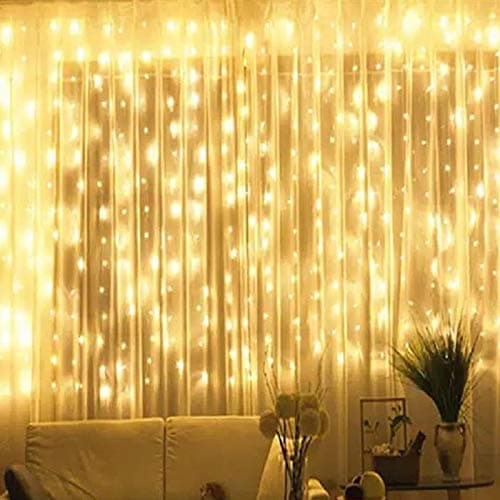 BHCLIGHT Window Curtain String Lights, 300 LED Upgraded Brightness Hanging Lights for Bedroom 8 Modes Fairy Lights Plug in, Garden, Wedding, Party (Warm White)