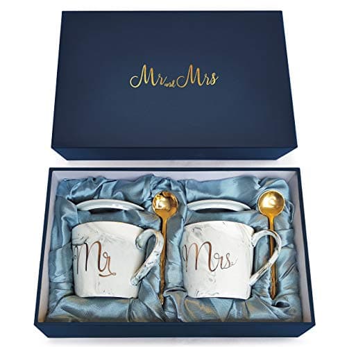 Wedding Gift - Mr and Mrs Mug Set - Classy and Elegant Gift Box with 2 Marble/Gold Tea or Coffee Cups - Bridal Shower gifts, Couples Anniversary, Engagement gifts, Wedding Present (Complete Set Grey)