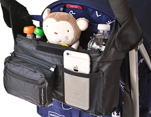 Premium Stroller Organizer with Detachable Pouch and Two Drink Cup Holders by SimplyOrganized | Lifetime 100% Satisfaction Guarantee