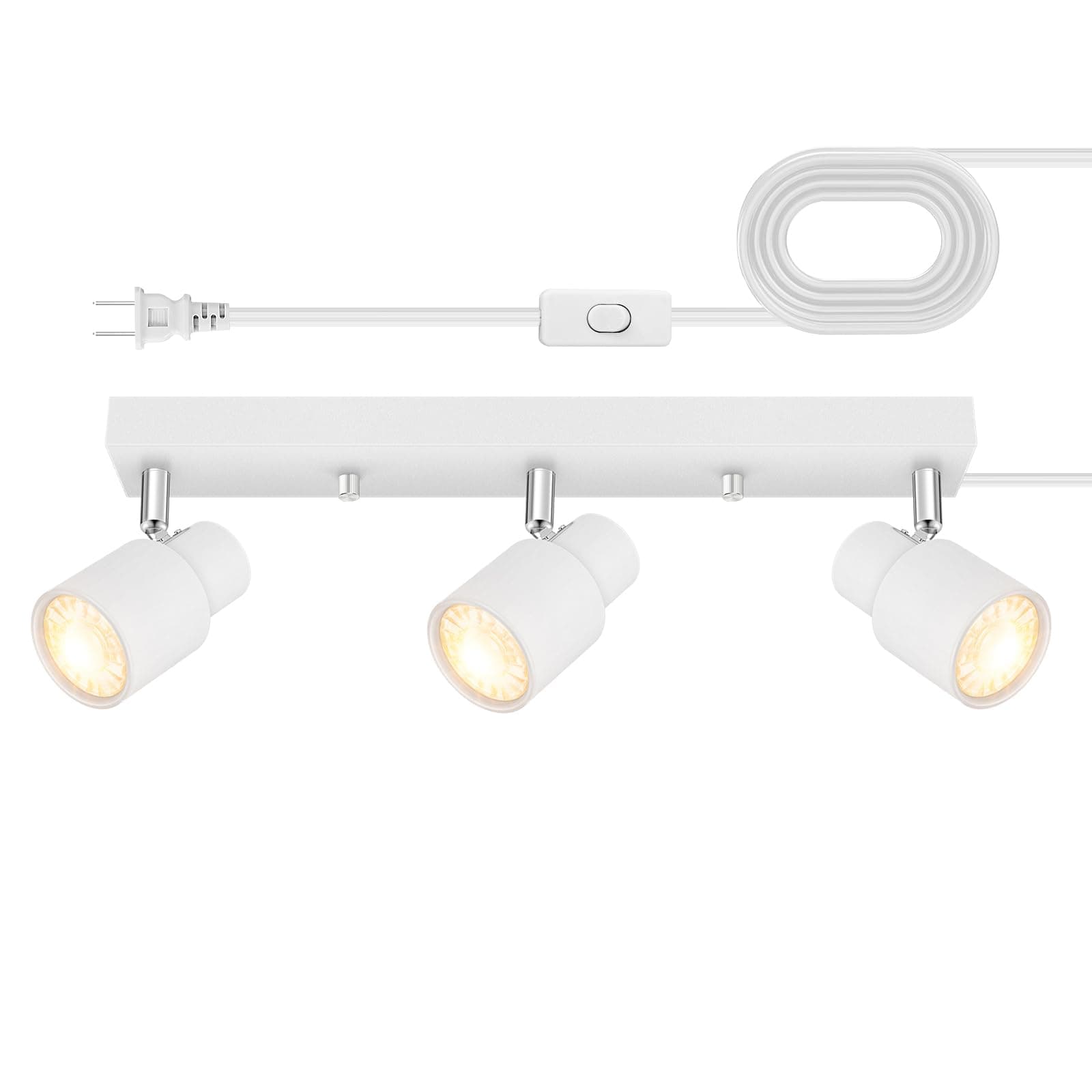 Plug-in Track Lighting LED, Track Light Fixtures Ceiling, White 3-Light Ceiling Lights for Kitchen, 3 Way Spotlight with Cord, Rotatable Wall Mount Light Head for Bedroom Hallway, Bulb Not Included