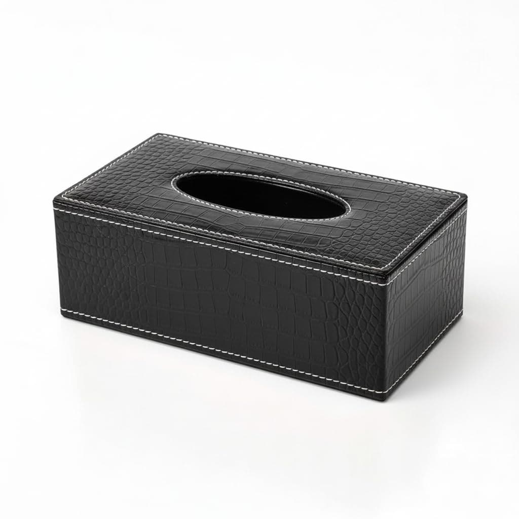 PU Leather Rectangular Tissue Box Holder/Napkin & Paper Towel Dispenser with Magnetic Bottom Lid for Office, Home, Hotel, School & Salon - Croco Black