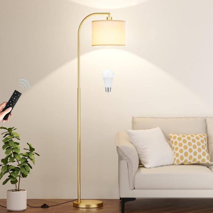 Ambimall Arc Floor Lamp with Remote and Stepless Dimmable Bulb, Colors Temperature & Brightness Adjustable, Gold Floor Lamps for Living Room(Deep Beige Shade & Gold Pole)