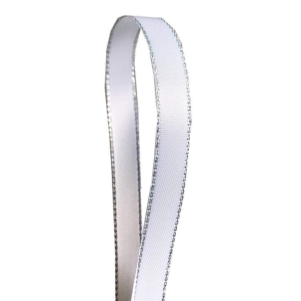 White Double Face Satin Ribbon with Silver Border for Gift Wrapping, Hair Bows, Wedding Party Decoration, Crafts Sewing, Invitation Cards, Floral Bouquets, Christmas, 1/4 Inch X 50Yd