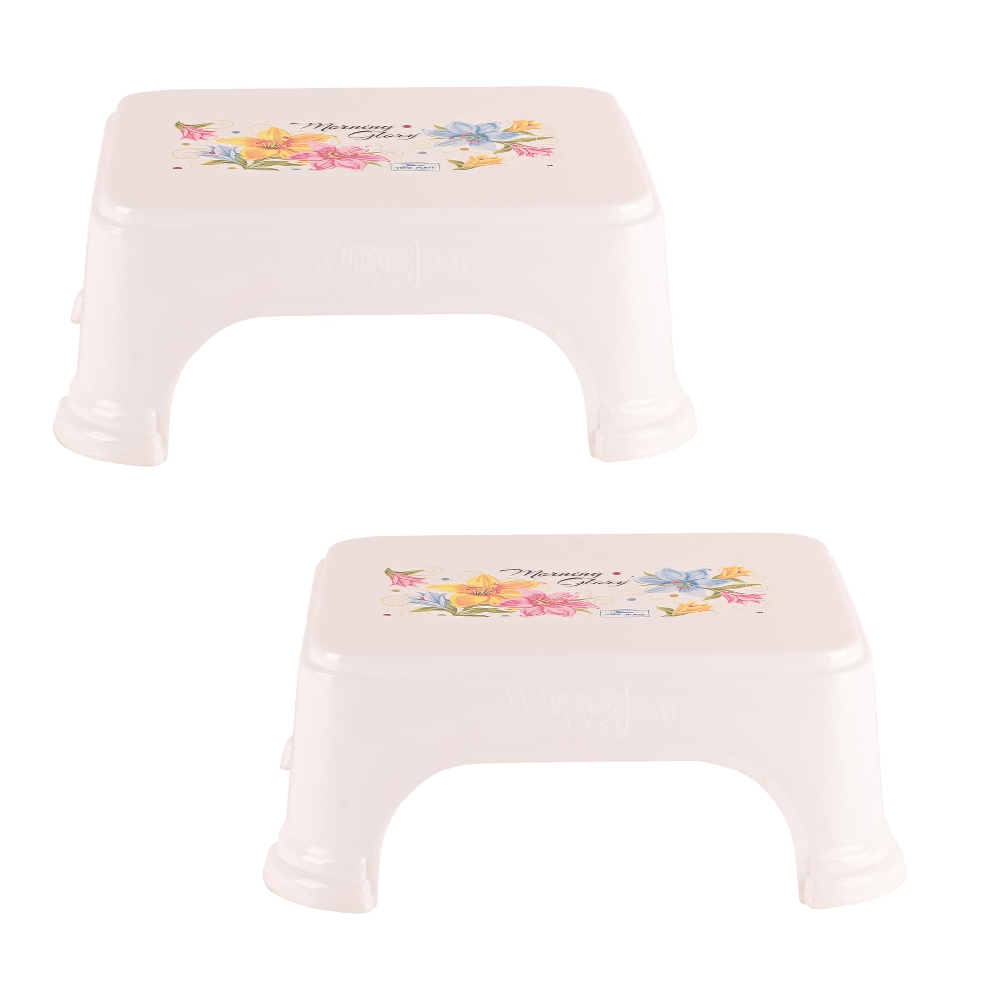 Kuber Industries Pack of 2 Bath Stool for Bathroom | Plastic Stools for Sitting | Bathroom Stool for Bathing | Flower Print Square Stool | White