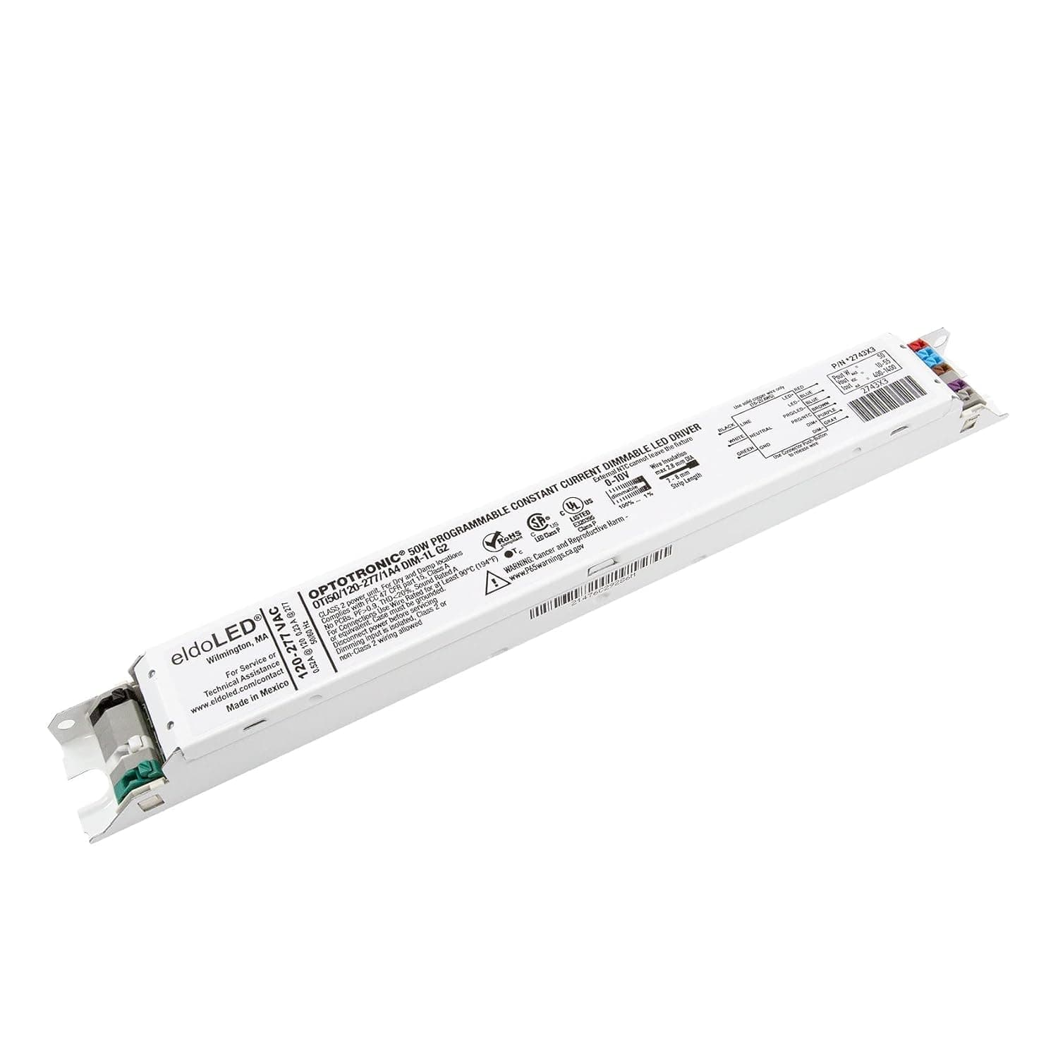 *2743X3 OPTOTRONIC Programmable Linear 50 Watts Constant Current LED Driver, 0-10V Dimmable OTi50/120-277/1A4 DIM-1 L G2 120/277Vac White