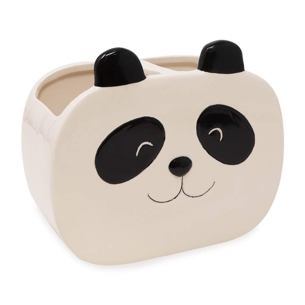 Isaac Jacobs Black and White Ceramic Panda Makeup Brush Holder, Multi-Purpose 2-Section Organizer. Bathroom, Kitchen, Bedroom, Office Décor (2-Section Cup, Panda)