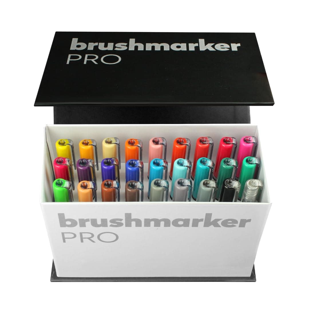 Karin Brushmarker Pro 27pc Mini Box Brush Tip Markers Set, Blendable, Water-Based, Professional Grade Brush Markers for Adults and Artists, 26 Colors and 1 Blender in Exclusive Storage Case