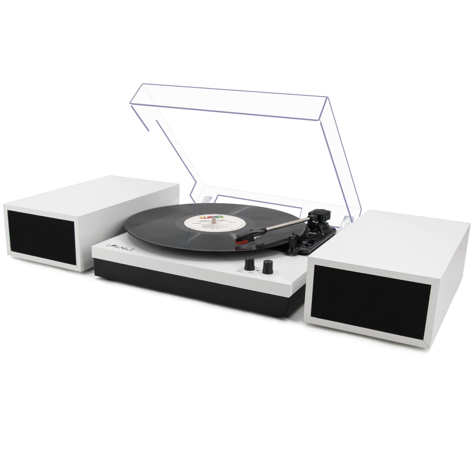 LP&No.1 Modern Turntable Set with Pair of Dual Power Speakers, Built-in Phono Preamp, Belt Drive, 3 Speed, Wireless Input, Wireless Music Streaming