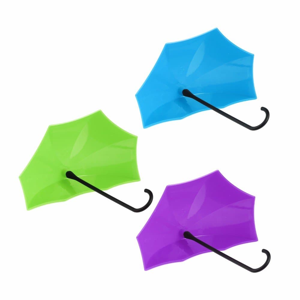 6Pcs/lot Umbrella Shaped Wall Hook Storage Creative Free Nail Key Hanger Rack Holder Kitchen Bathroom Accessories Home Decor (2Green,2 Blue, 2Purple)