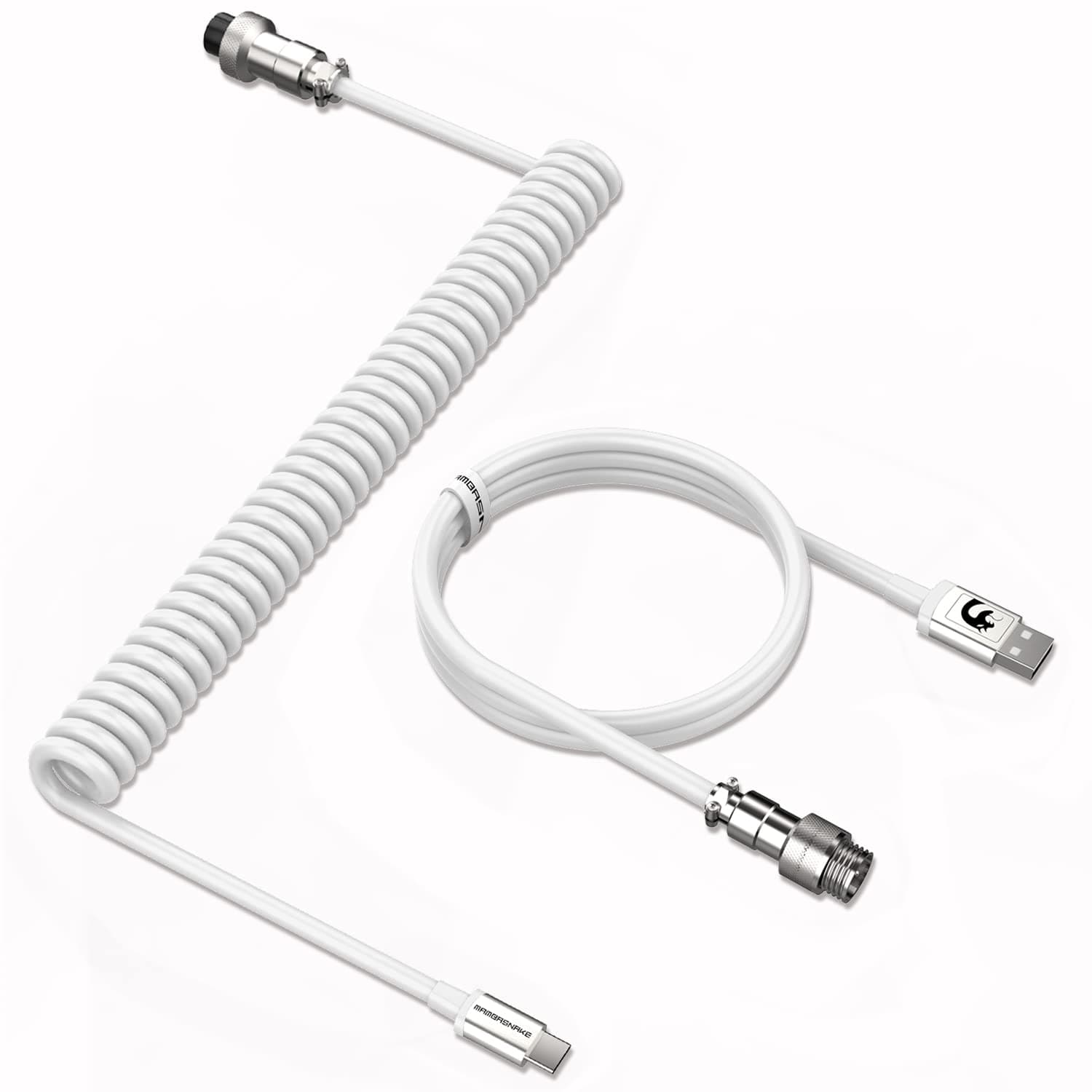 MAMBASNAKE C01 Coiled Keyboard Cable, Pro Custom USB-C Aviator Cable, Type-C to USB-A HyperSpeed Line with 8KHz Return Rate with Metal Aviation Connector for PC Gaming Keyboard-White