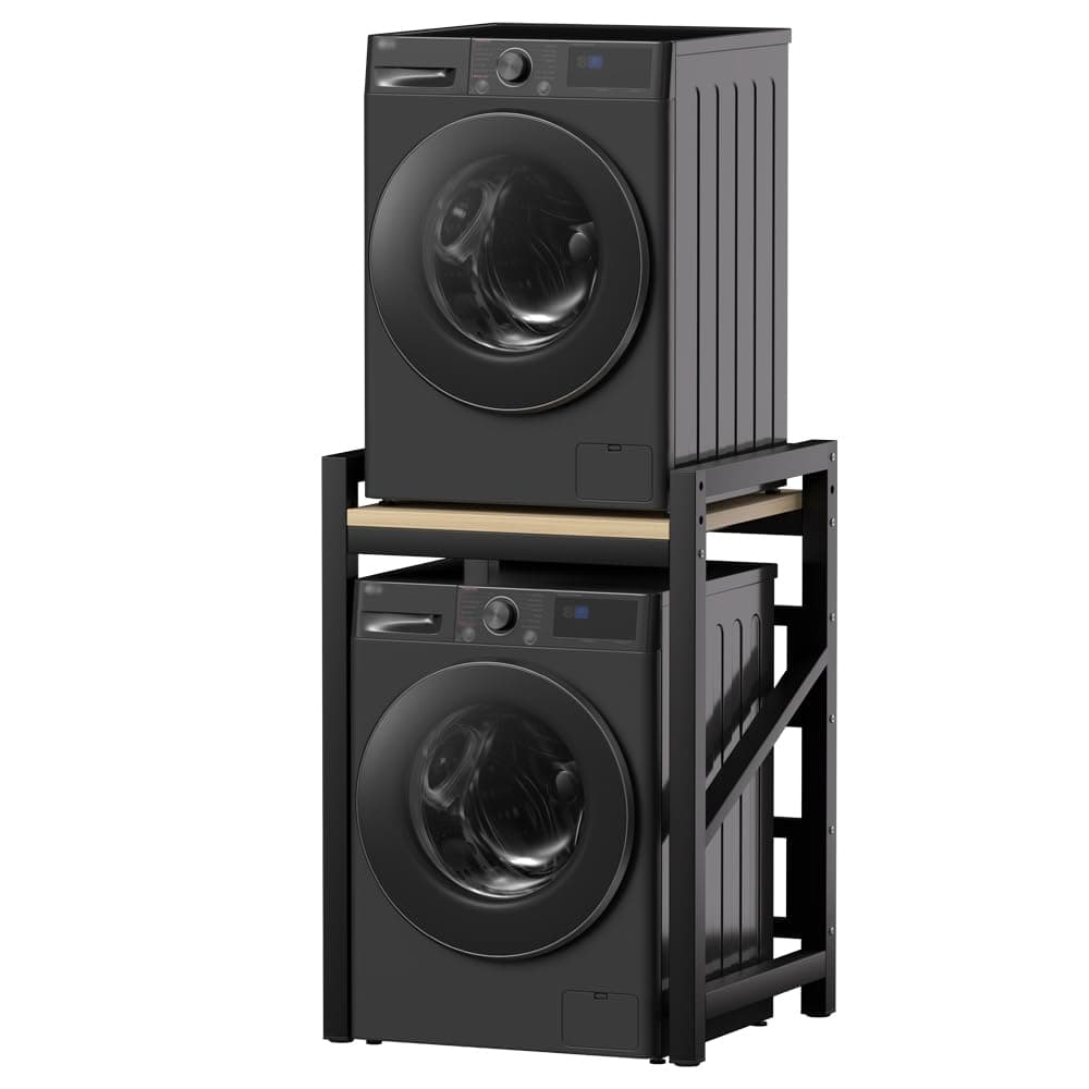 Over The Washer and Dryer Storage Shelf, Height Adjustable Machine Stacking Rack, Space Saver Metal Frames (Black)