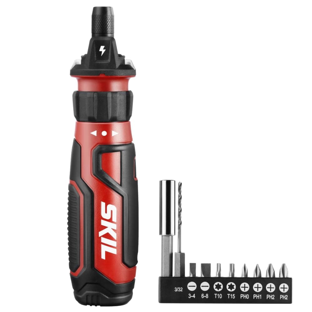 SKIL Rechargeable 4V Cordless Screwdriver with Circuit Sensor Technology, Includes 9pcs Bit, 1pc Bit Holder, USB Charging Cable - SD561201, Red