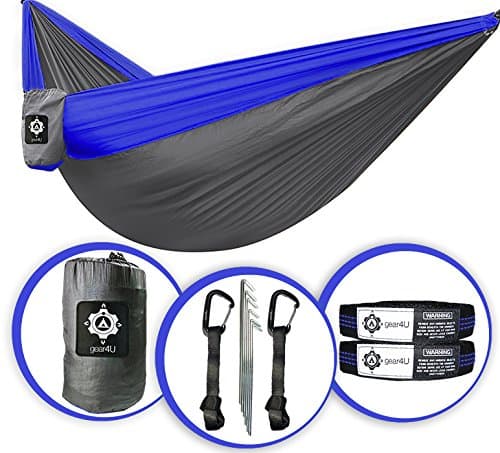 Two Person, Double Camping Hammock with 2 Heavy Duty Tree Straps, 2 Pockets, 6 Tie Downs and Stakes. Strong Nylon Material. Best Gear for Backpacking, Hiking, Camping, Travel, Beach or Yard