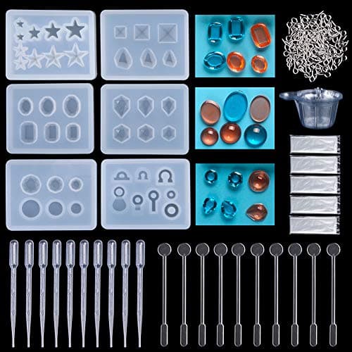 Resin Casting Molds,146 Pcs Set Including 6 Round Start Silicone Bead Pendant Bracelet Jewelry Making Molds+100 Screw Eye Pins+10 Disposable Plastic Cups+10 Stirrers+10 Droppers+10 Disposab(146-Start)