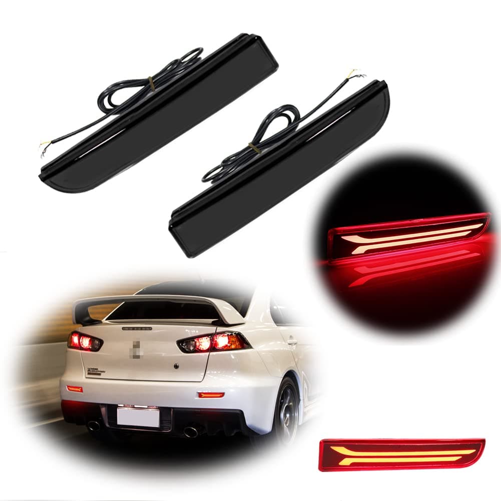 Smoked Lens Led Rear Bumper Reflector Brake Tail Light with Sequential Turn Signal Lamps and Strobe Brake Lighting for Mitsubishi Lancer, Evolution X or Outlander 2008-2017