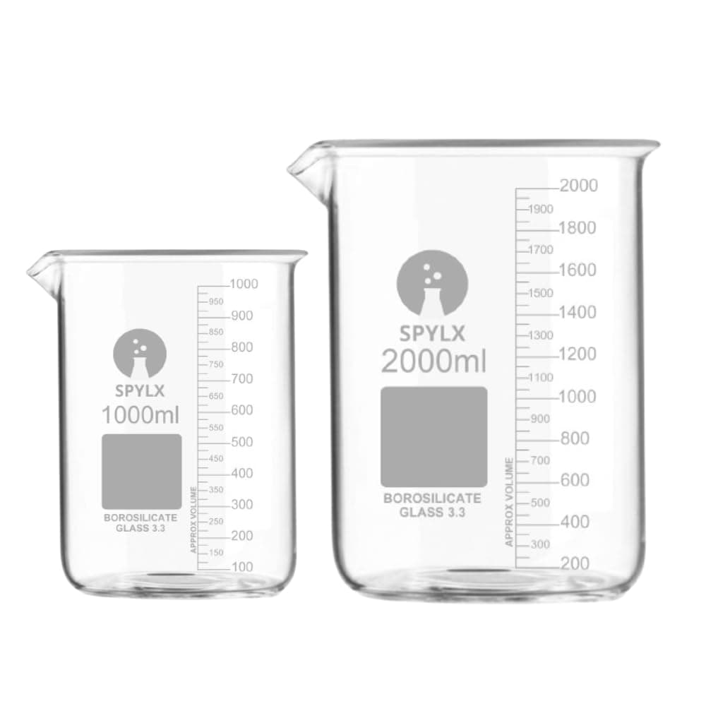 Borosilicate Glass Beaker 1000 ml, 2000 ml with Graduation Marks, Set of 2 Beakers Detailed, easy-to-read scale for precise measurements.