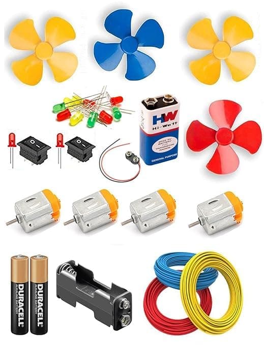 SP ELECTRON Dc Motor With Propeller/fan/ 9 v Battery/snap Connector +2 Aa Battery With Holder/3m Wire/10 Led/ 2 Mini Rocker Switch (Red, Green, Yellow)- Multicolor,Copper