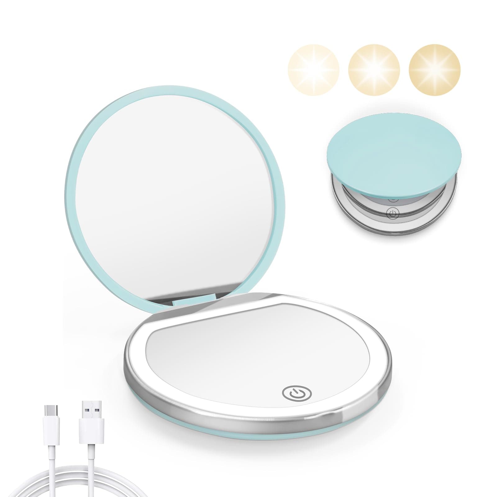 Compact Mirror with Light, 1X/3X Magnification LED Pocket Mirror with USB Data Cable,Mini Mirror for Purse, Pocket,Travel and Present (Mint Green)