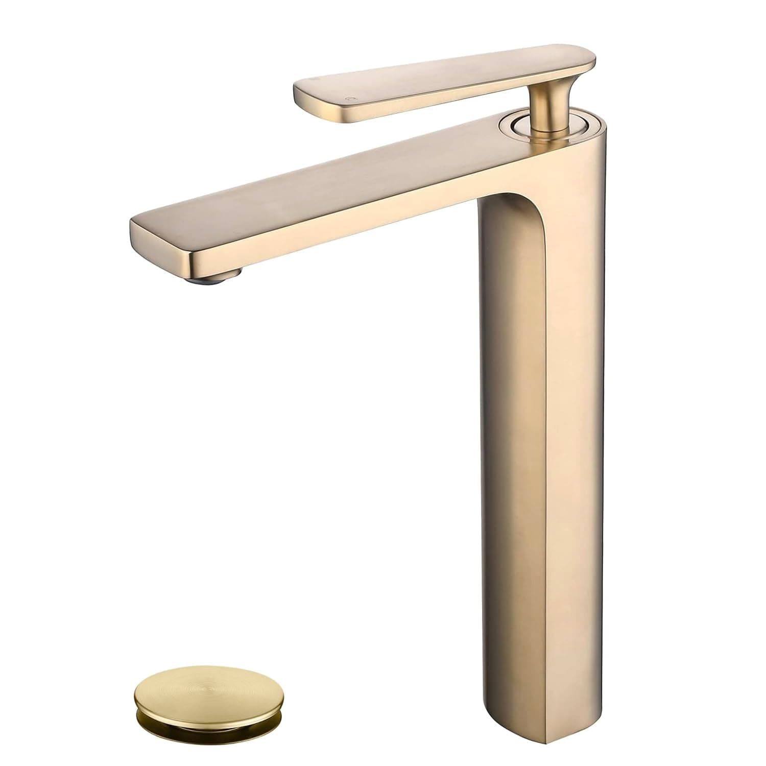 Vessel Sink Faucet and Drain Combo Brushed Gold, NEWRAIN Tall Bathroom Vessel Faucet Single Handle One Hole Lavatory Sink Bowl Mixer Tap with Pop Up Drain Without Overflow