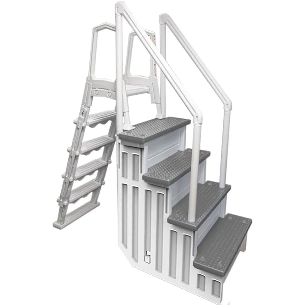 Aqua Select Anti-Slip in-Pool Steps with Outside Flip-Up Ladder | White/Gray Steps | for Above Ground Swimming Pools | Can Mount to Decks 48" to 54" H | Safety Stairs Capacity Up to 350 lbs