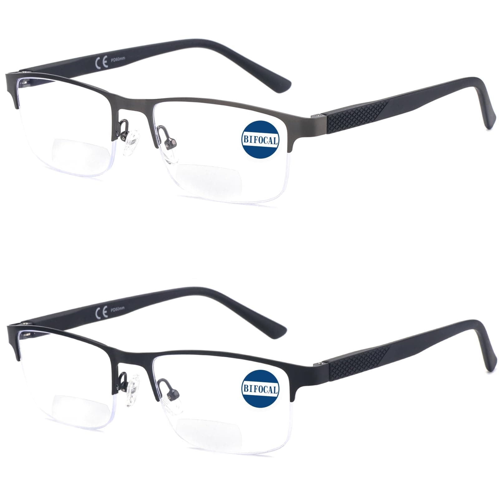 Missfive 2 Pack Mens Bifocal Reading Glasses, Blue Light Blocking Far Near Dual-use Readers, Durable Spring Hinge Quality Metal Frame Eyeglasses 1.5x, Black & Gunmetal
