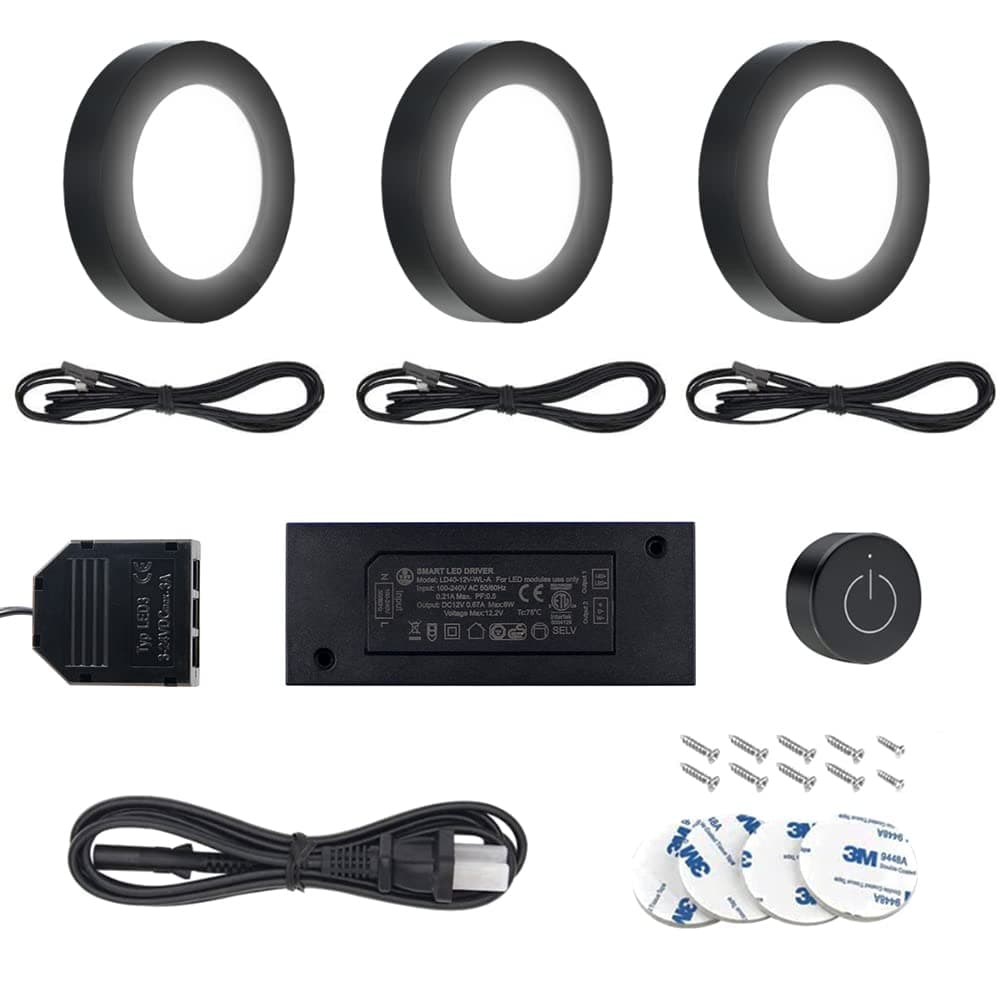VST Under Cabinet Lighting 12V 2W(12W Total, 60W Equivalent) ETL Listed, Wireless Dimmer Switch, Recessed or Surface Mount Wiring Puck Light for Kitchen,Wardrobe, Showcase Display 3 Pack Black 4000K