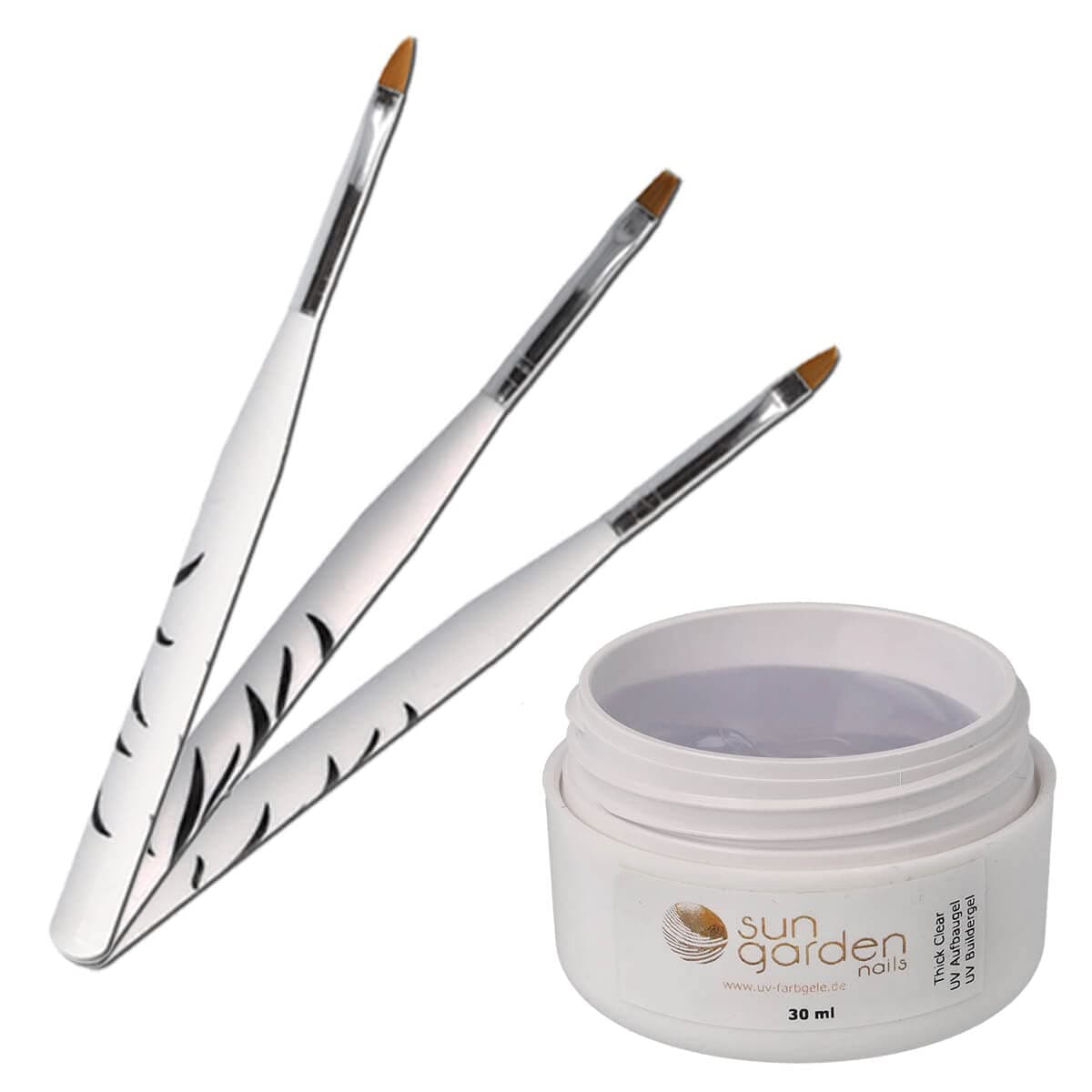 sun garden nails UV Gel Thick Clear, 30ml - Includes 3pcs Brush Set, Studio Quality, Long-lasting Manicures, No Heat Development
