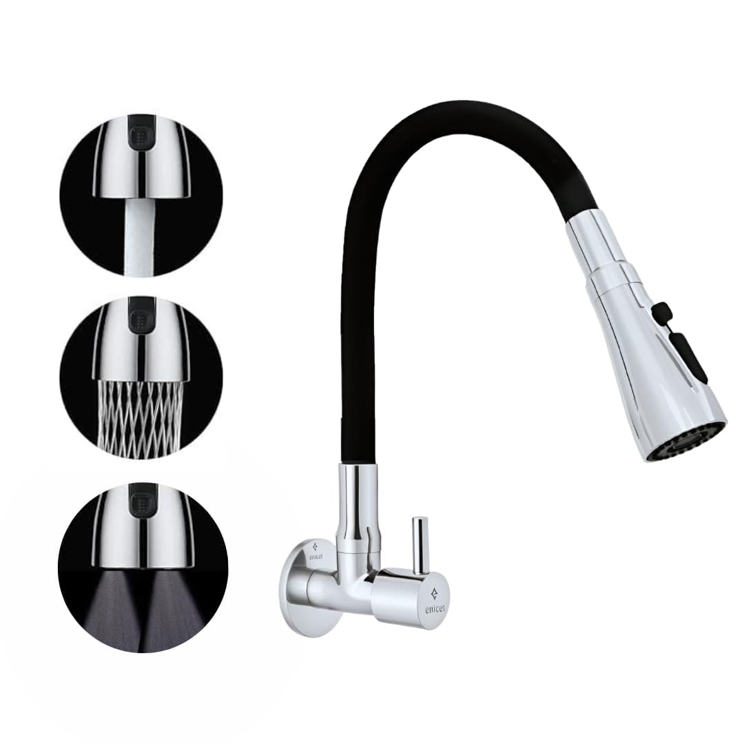 ENICET Brass Sink Tap for Kitchen, 3 Flow Modes, Flexible Swivel Spout Black, Wall Mount, Chrome Finish, Kitchen Sink Tap, Wash Basin Tap, 360 Rotating Sink Cock (FE107TF)