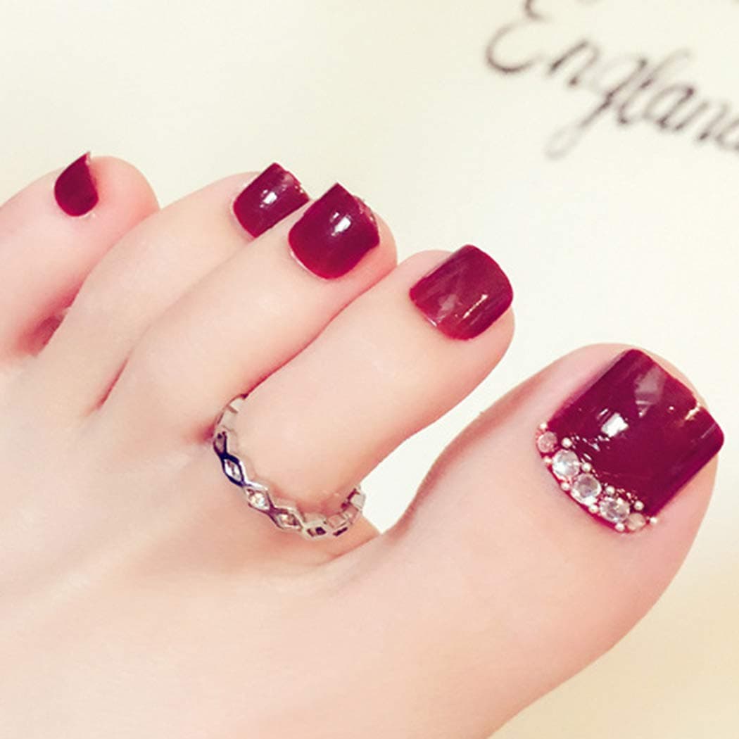 Sethexy 24Pcs 3D Bling Rhinestone Red False Toe Nails Wedding Square Short Full Cover Fake ToeNails Art Tips for Women and Girls