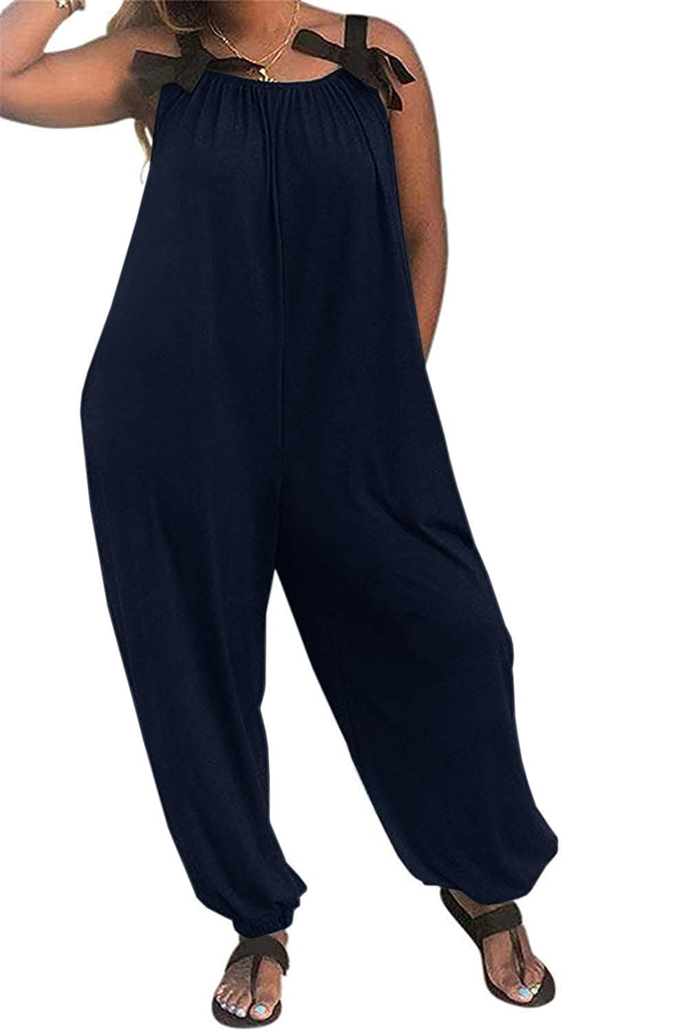Wonens Plus Size Overalls Spaghetti Strap Baggy Romper Harem Wide Leg Jumpsuit With Pockets