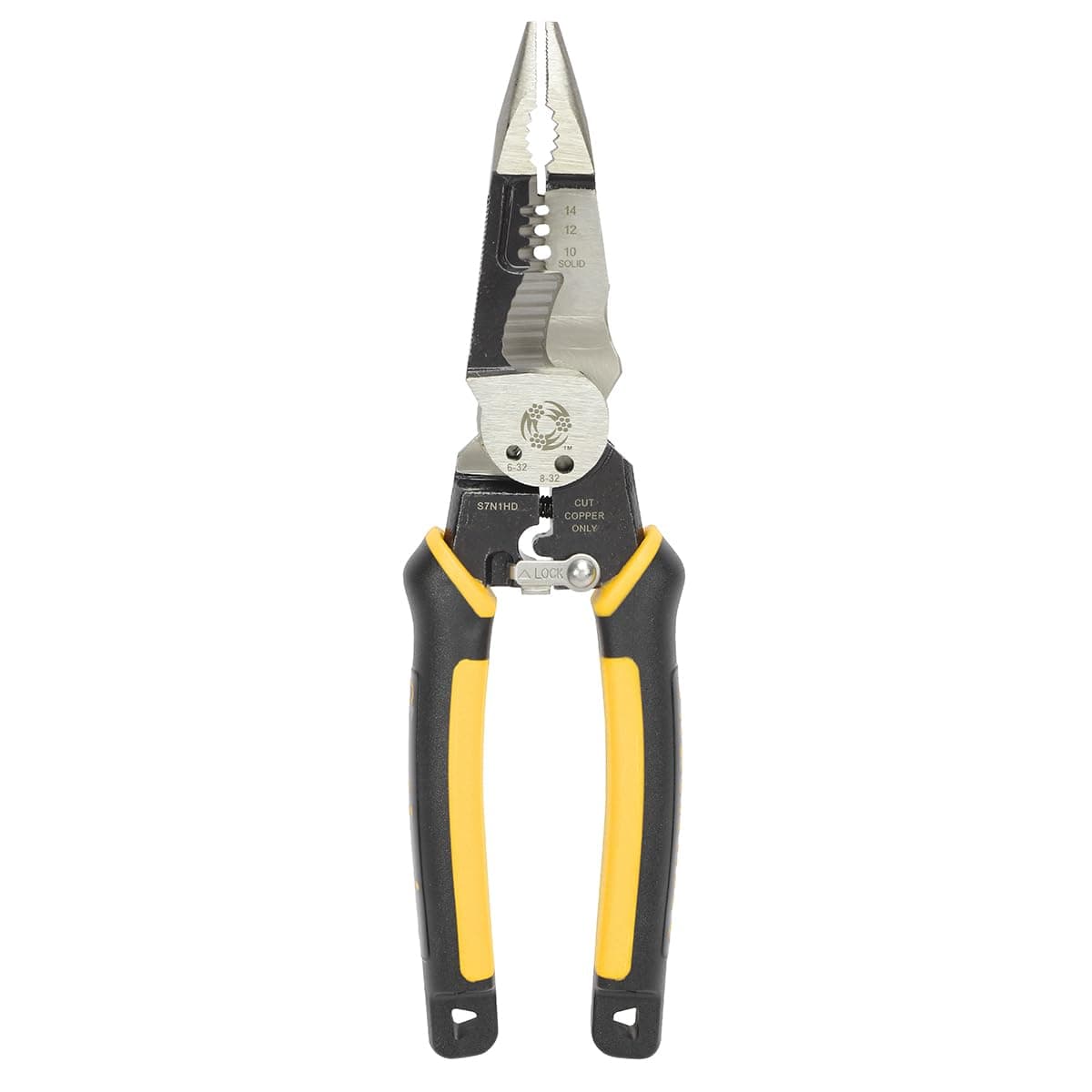 S7N1HD 7-In-1 Multi-Tool Plier: Shears 6-32 & 8-32 Bolts; Grips; Strips 10-14 AWG SOL & 12-16 AWG STR; Bolt spanner; Bolt shears; Crimper; Reamer; Heavy Duty Forged Steel