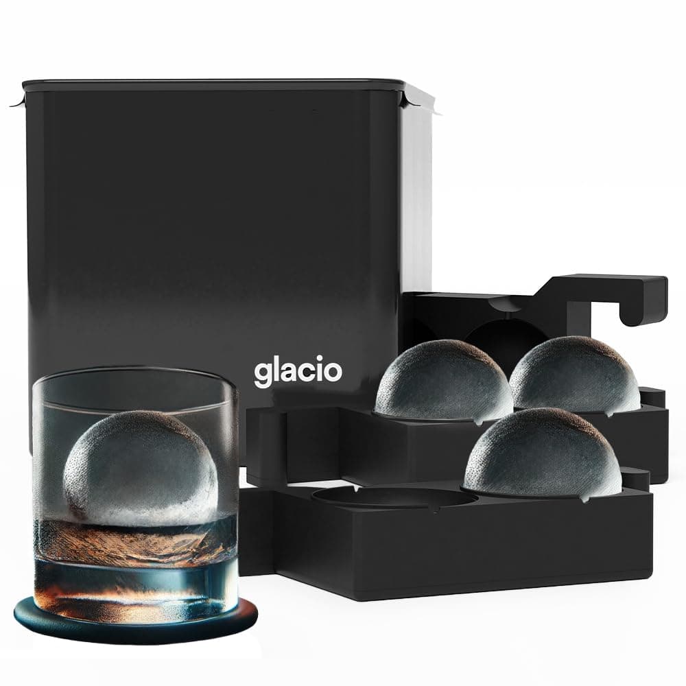 glacio Premium Quad Clear Ice Sphere - Whiskey Ice Ball Maker Large 2.5 Inches - Crystal Clear Ice Maker Sphere - Sphere Ice Mold Maker - Premium Clear Ice Ball Maker Mold Prepares 4 Balls