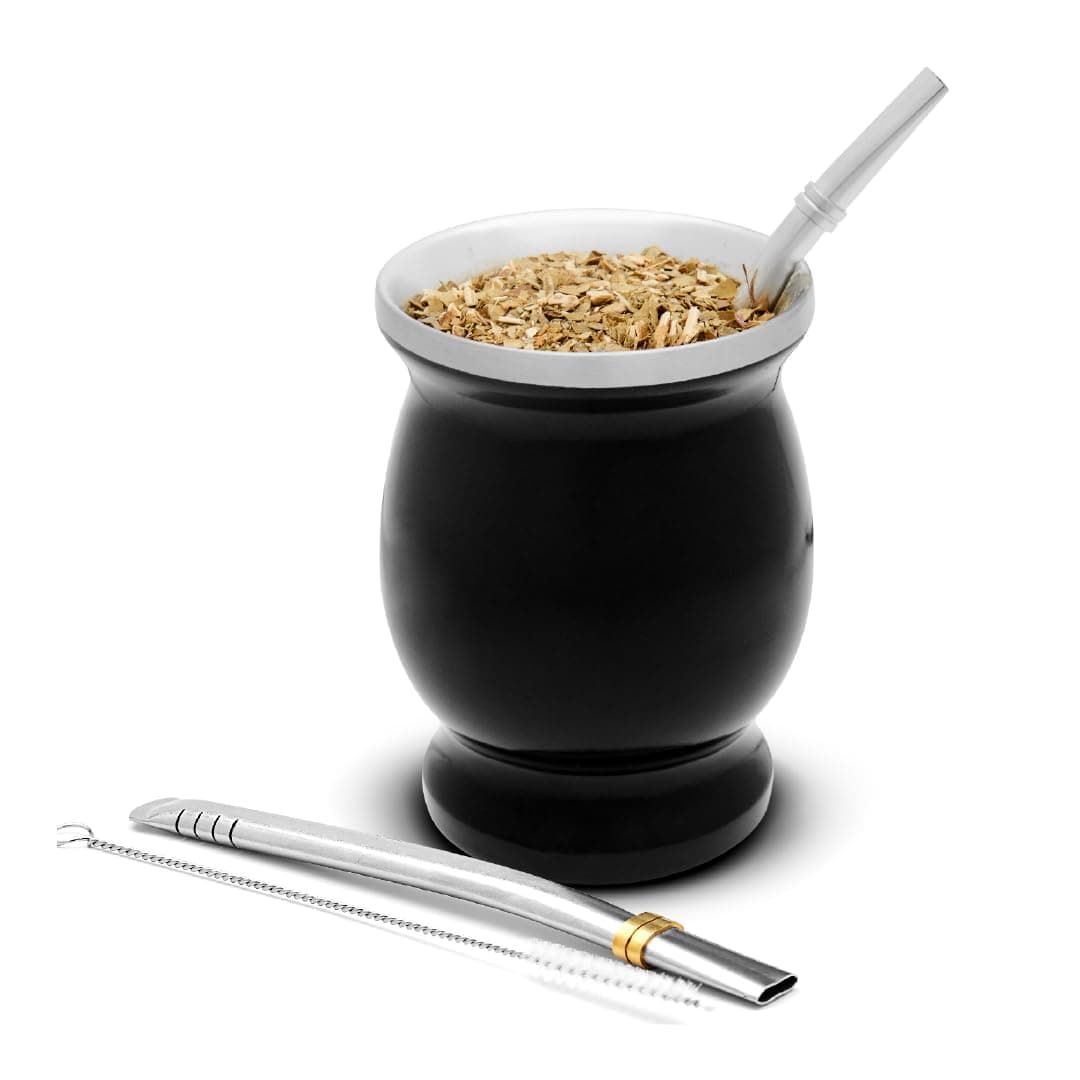 balibetov Mate Cup and Bombilla Set - Yerba Mate Set Includes One Yerba Mate Cup, Two Bombilla Mate (Straw) and Brush - Stainless Steel Double-Wall | Easy to Clean Yerba Mate Gourd (Black)