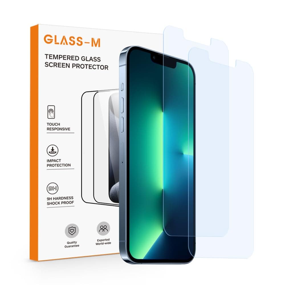 GLASS-M Anti-Blue Light Screen Protector for iPhone 13 / iPhone 13 Pro/iPhone 14, Eye Protection 9H Tempered Glass, Blue Ray Blocking Glass Screen Cover - 2 Pack