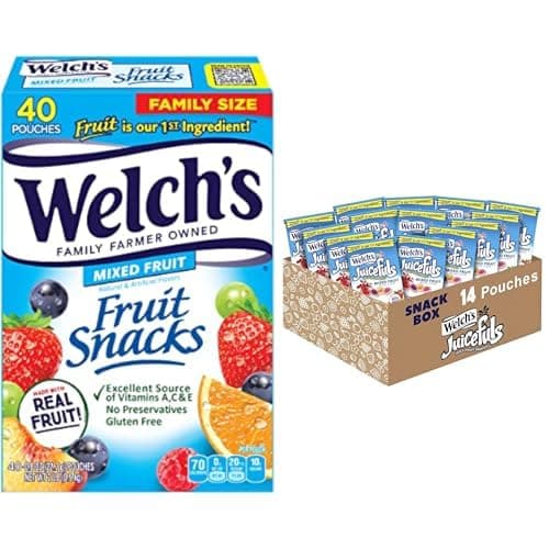 Welch's Fruit Snacks Bundle, Mixed Fruit, Juicy Fruit Gushers & Fruit Snacks, Gluten Free, Bulk Pack, Individual Single Serve Bags, 0.8 oz & 1 oz (Pack of 54)