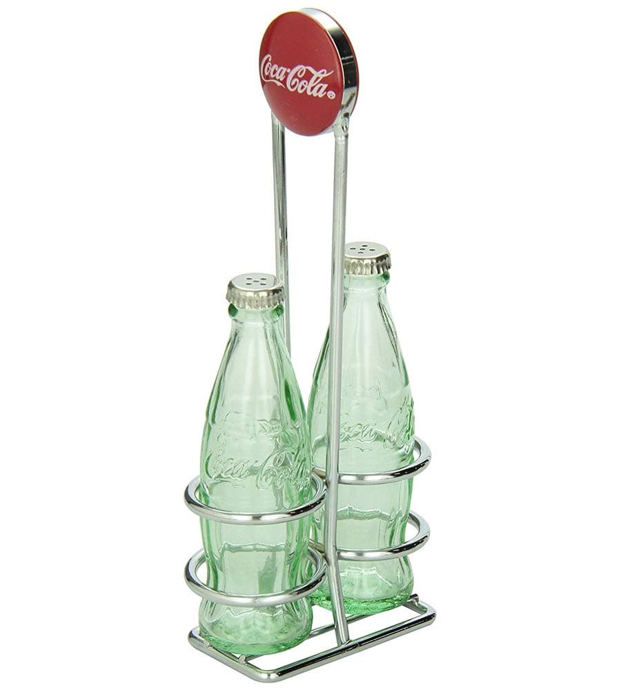 TableCraft Coca-Cola Salt and Pepper Shaker Set with Chrome Plated Metal Rack, Coca-Cola Salt and Pepper Shaker Set