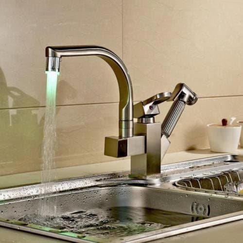 Kitchen Sink Kitchen LED Pull Out Nickle Brushed Faucet Brass Mixer Deck Mounted Tap